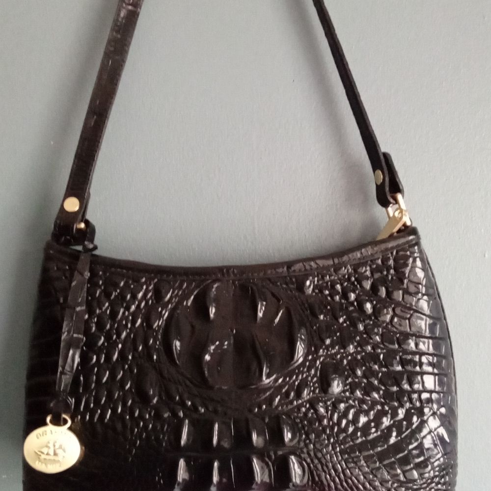 BRAHMIN Croc Embossed Leather Shoulder Bag Dark Brown Auburn Small Purse